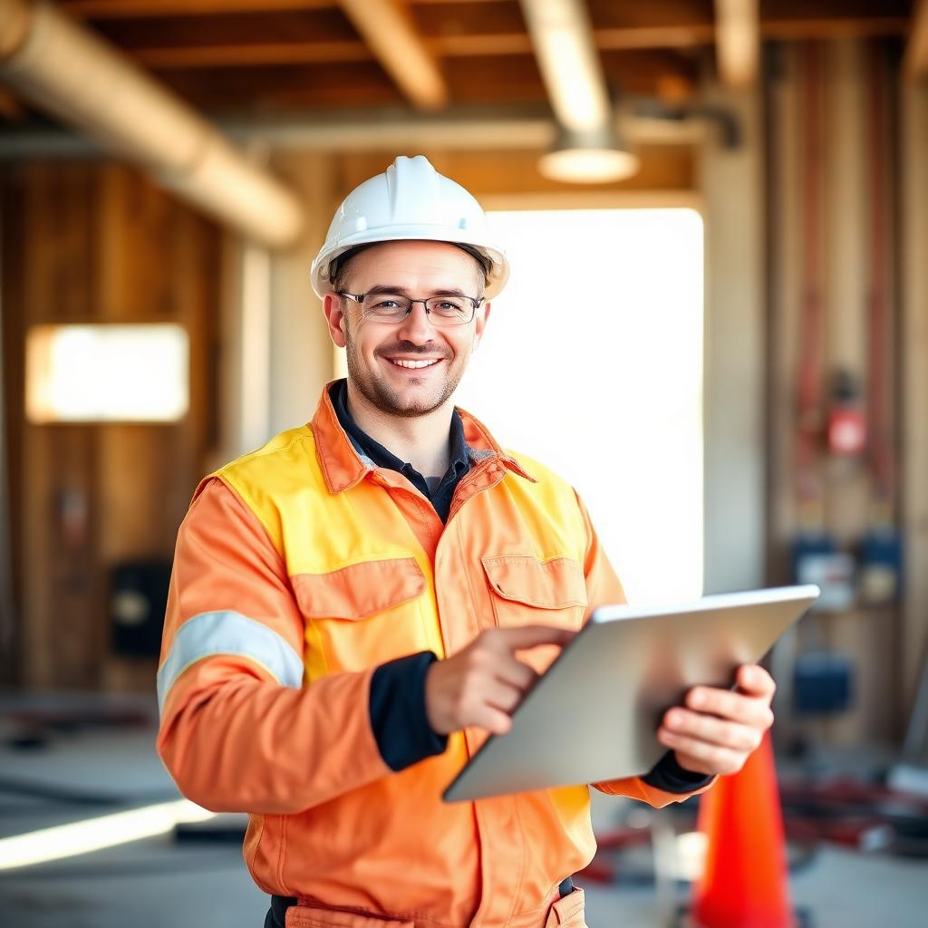 Schweizer Elektriker auf der Baustelle mit Tablet